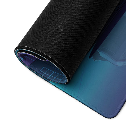 Nissan GT-R R35 Inspired Silver Vaporwave Gaming Mouse Pad – Neon Cyan Purple City Grid Desk Mat with Palm Trees and Retro Futuristic Synthwave Art