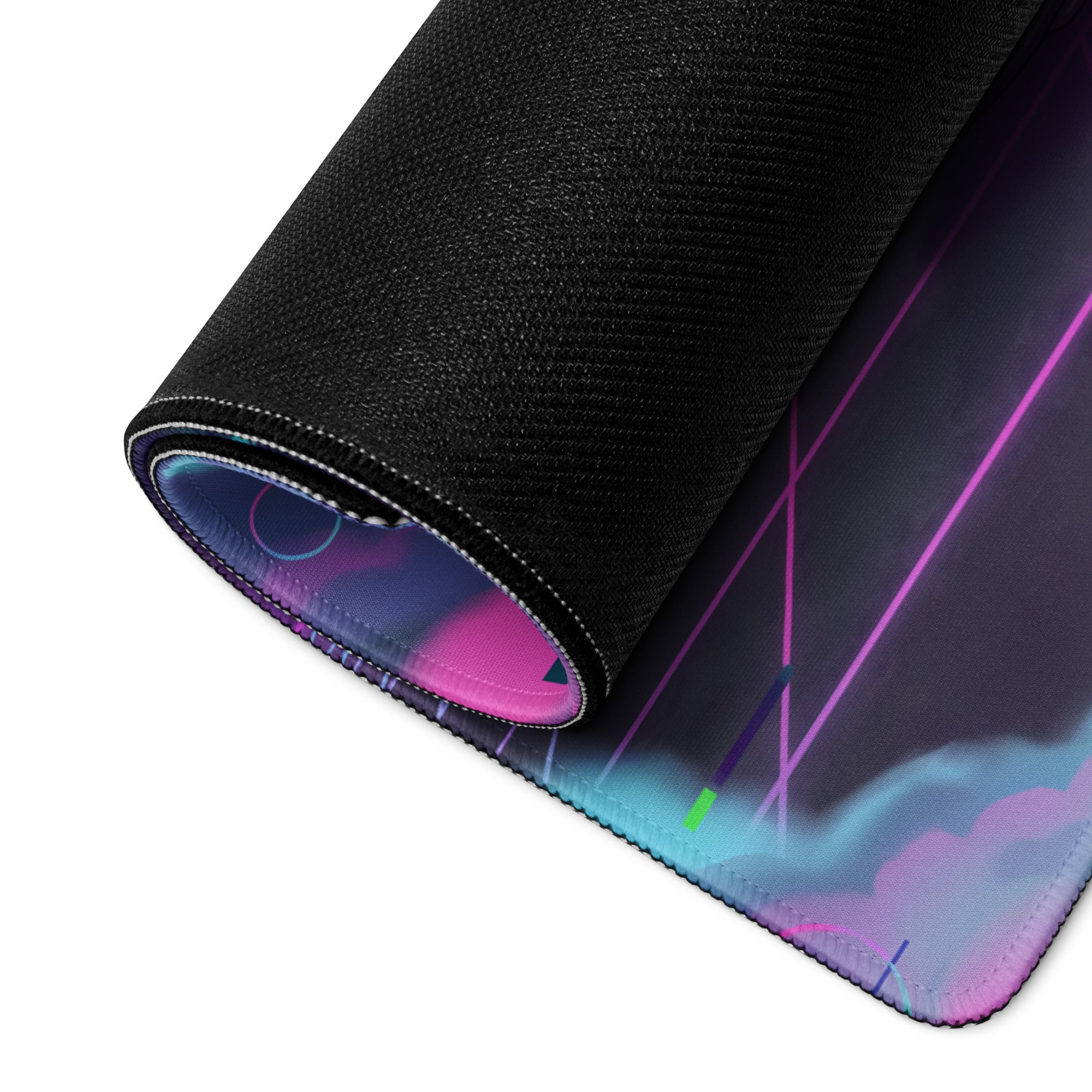 Porsche 911 Turbo S Inspired Dark Teal Vaporwave Gaming Mouse Pad – Neon Pink Cyan Grid Desk Mat with Glitch Clouds, Mountains and Retro Synthwave Art