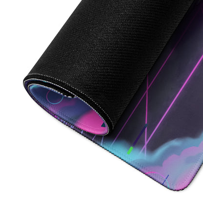 Porsche 911 Turbo S Inspired Dark Teal Vaporwave Gaming Mouse Pad – Neon Pink Cyan Grid Desk Mat with Glitch Clouds, Mountains and Retro Synthwave Art