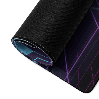 Porsche 911 GT3 RS Inspired White Blue Vaporwave Gaming Mouse Pad – Neon Cyberpunk City Desk Mat with Retro Futuristic Grid Art