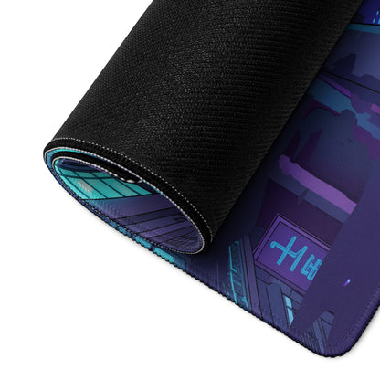 Lamborghini Huracán Inspired Silver Purple Vaporwave Gaming Mouse Pad – Neon Tokyo Street Desk Mat, Cyberpunk Supercar Digital Artwork