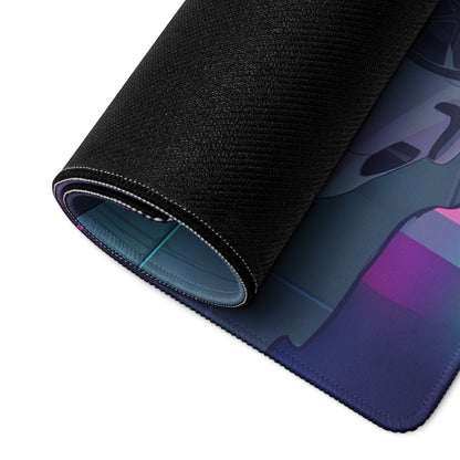 Ferrari SF90 Stradale Inspired White Purple Vaporwave Gaming Mouse Pad – Neon Parking Garage Desk Mat, Futuristic Synthwave Supercar Digital Artwork