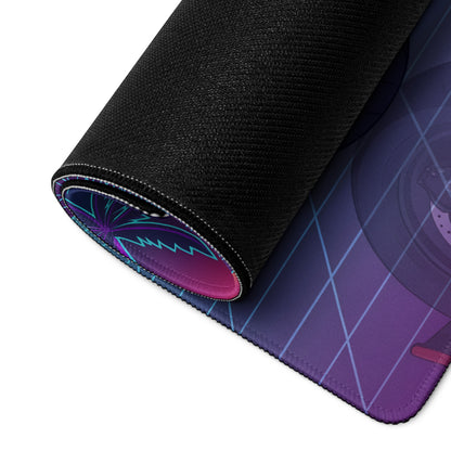 Sportster S Inspired Black Purple Vaporwave Gaming Mouse Pad – Neon Palm Sunset Grid Desk Mat, Retro Futuristic Cruiser Digital Art