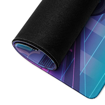 Aston Martin AMB 001 Inspired Silver Blue Vaporwave Gaming Mouse Pad – Neon Cyber City Desk Mat, Retro Futuristic Luxury Motorcycle Vector Art