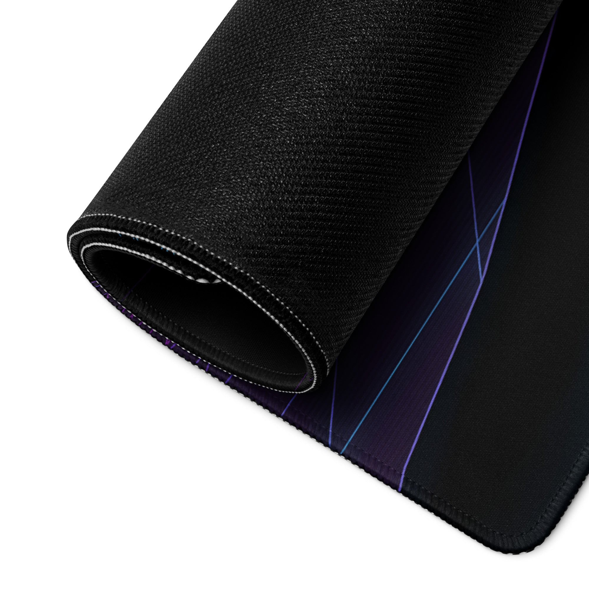 Black neon vaporwave gaming mouse pad with textured surface and subtle purple blue geometric edge lines for desk use