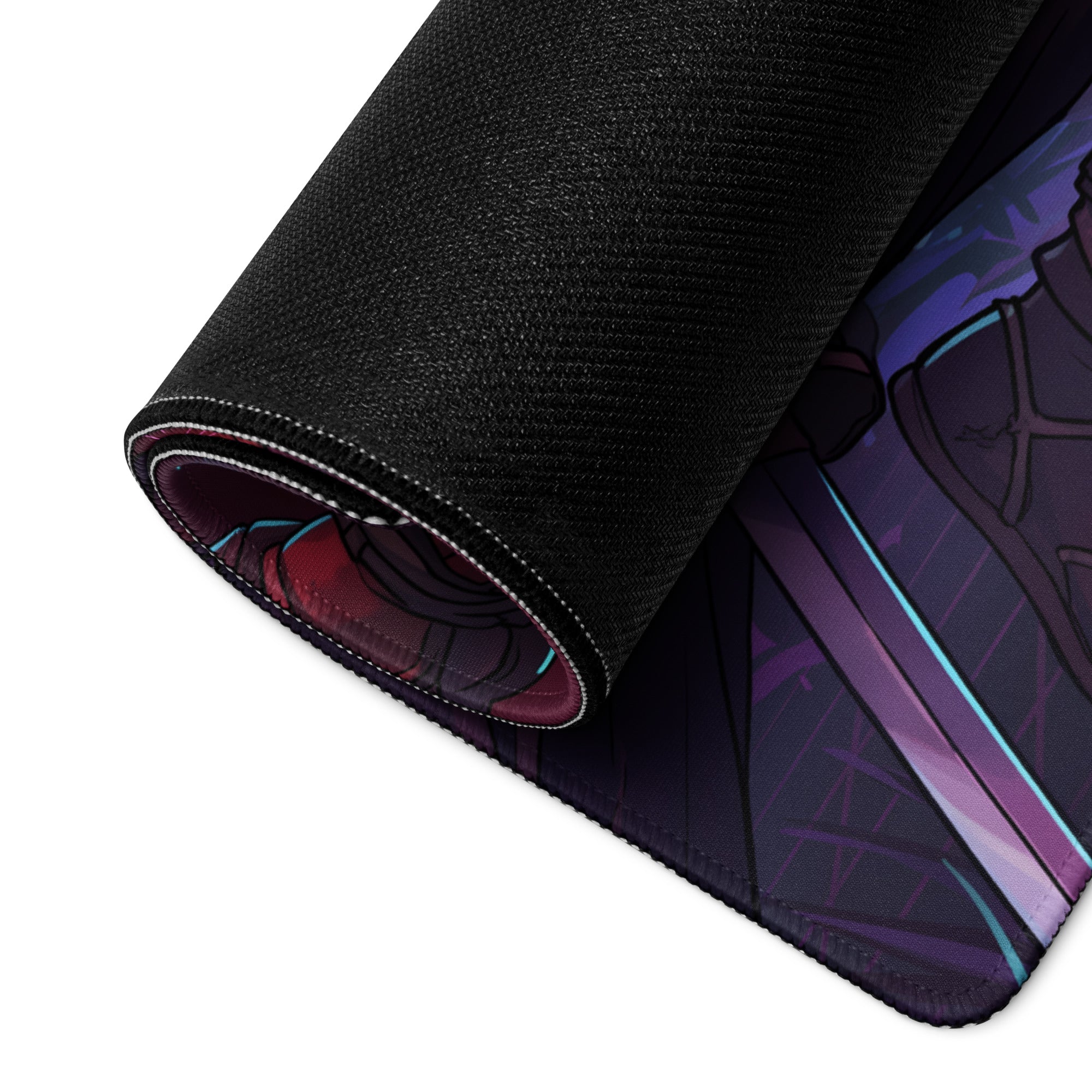 Black textured mouse pad with rolled edge featuring anime vaporwave neon warrior illustration in blue pink purple