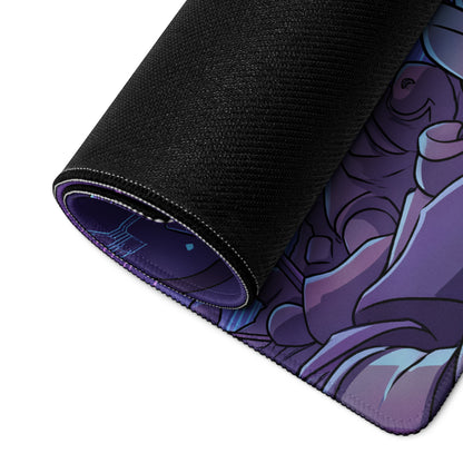 Purple and black neon vaporwave warrior gaming mousepad with cartoon character design for desk setup use