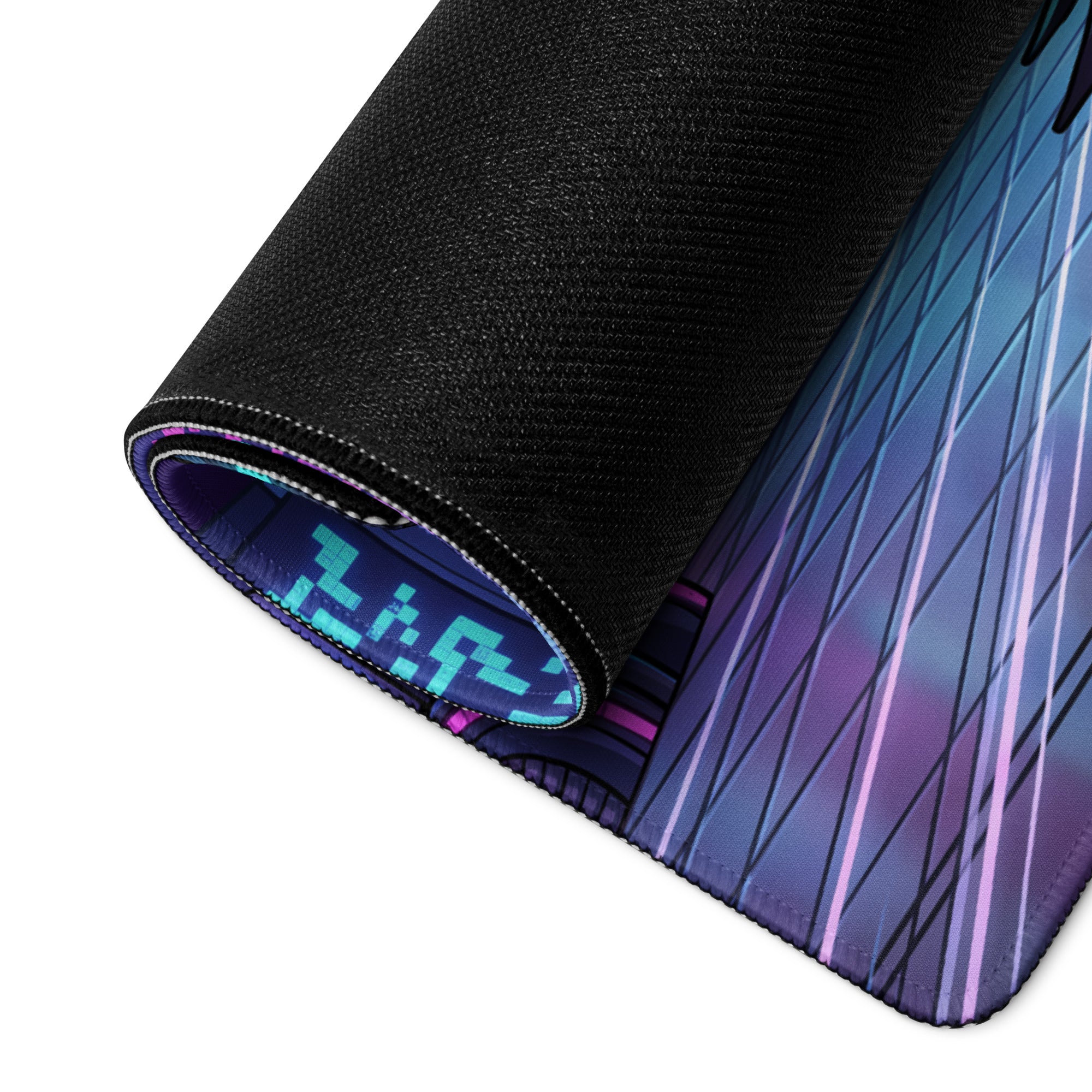 A rolled-up neon night vaporwave gaming mouse pad with vibrant purple blue and pink diagonal lines on black texture