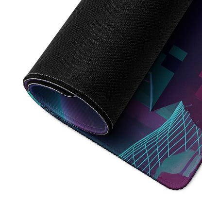 A rolled-up vaporwave galaxy neon gaming mouse pad with a black textured surface and vibrant purple teal pink design