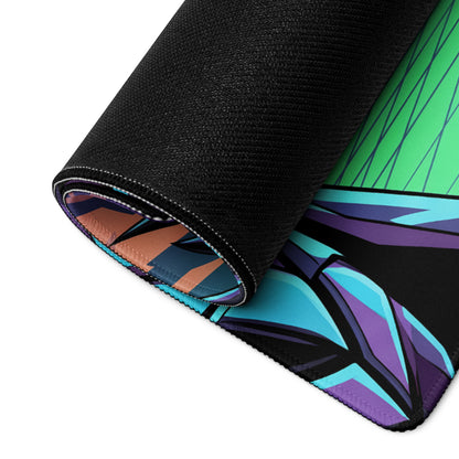 A rolled-up neon dragon vaporwave gaming mouse pad with vibrant green teal purple geometric design on black background