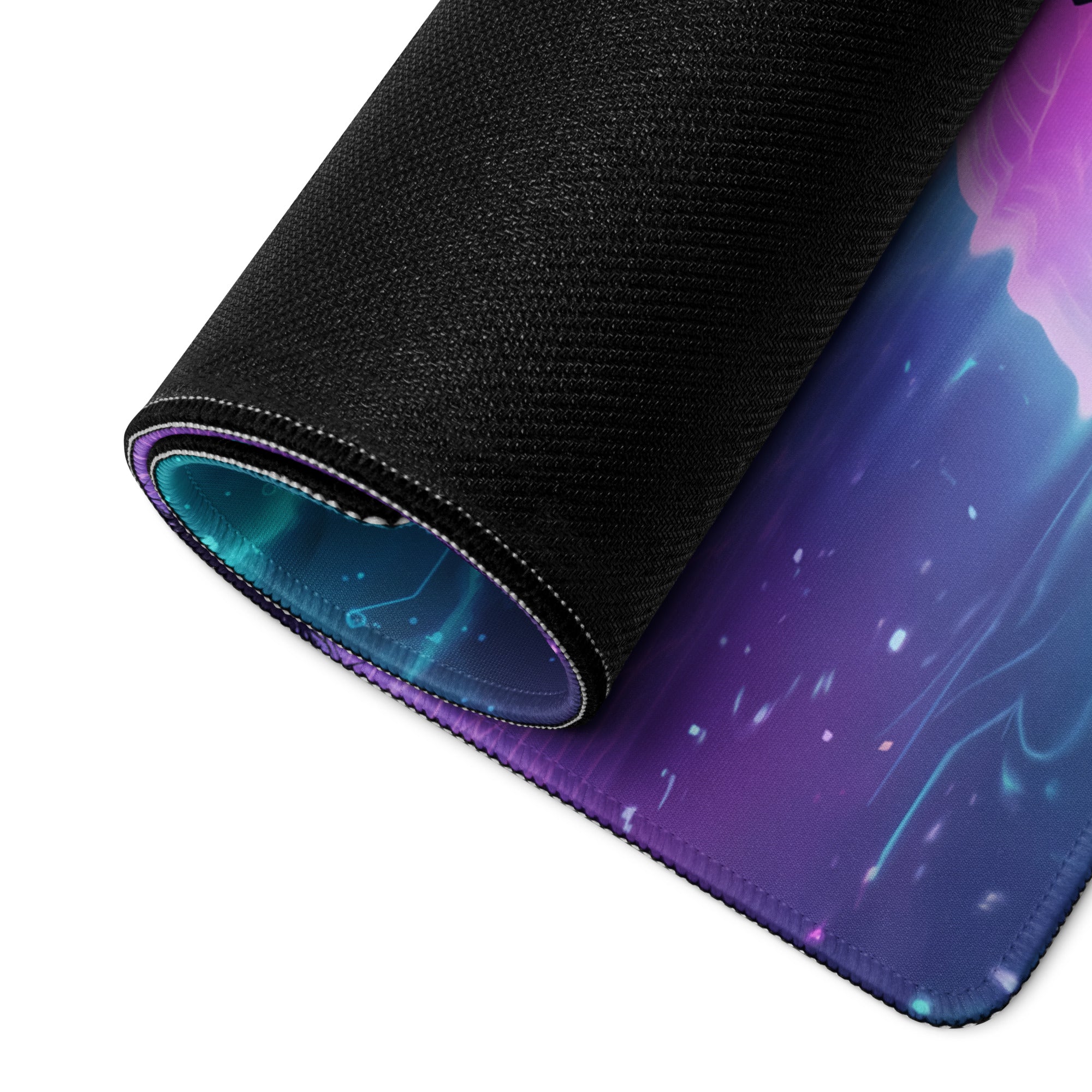 A rolled-up vaporwave neon gaming mouse pad with vibrant cosmic purple blue and teal nebula design for gaming desk use