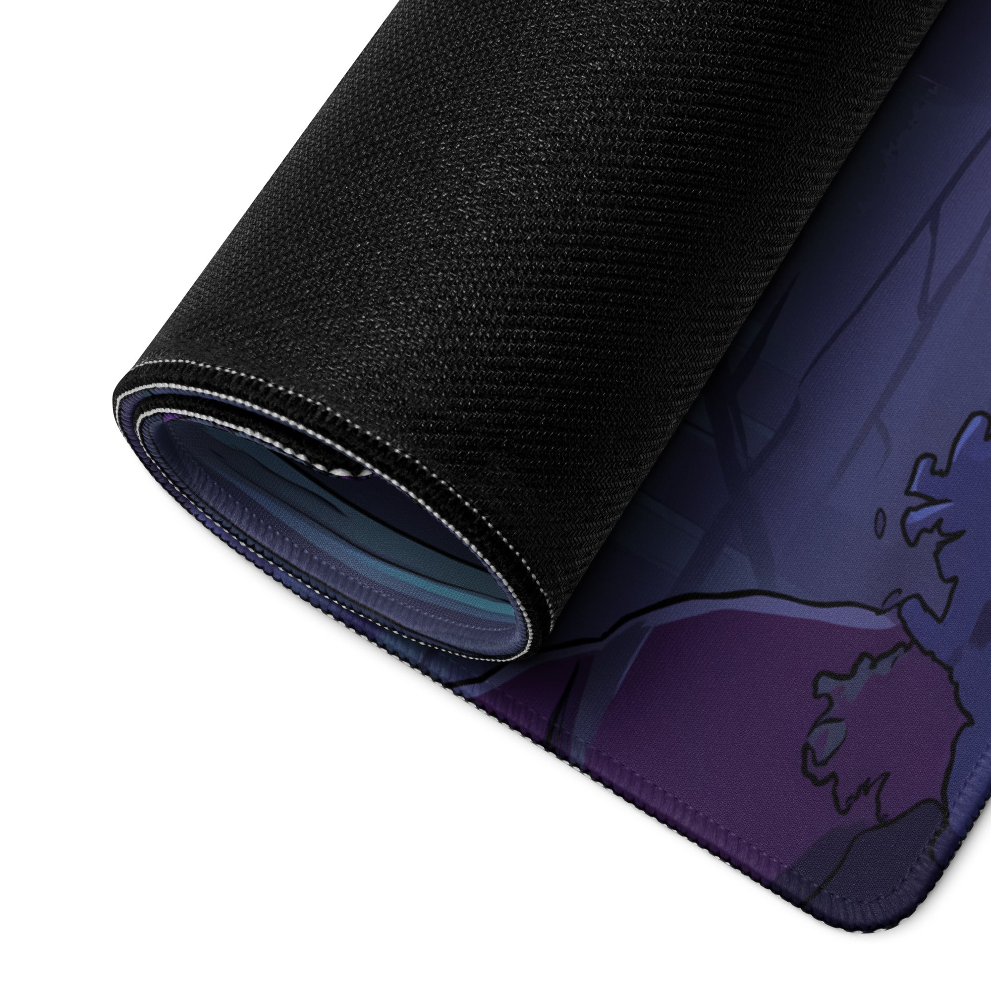 A rolled-up black gaming mousepad with a purple and blue neon vaporwave fantasy design featuring stylized characters