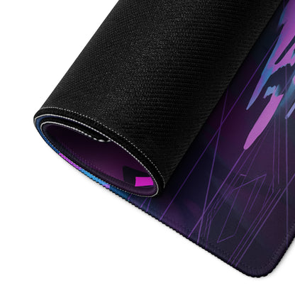 A rolled-up black gaming mousepad with a vibrant purple and blue neon vaporwave dragon design for desk use
