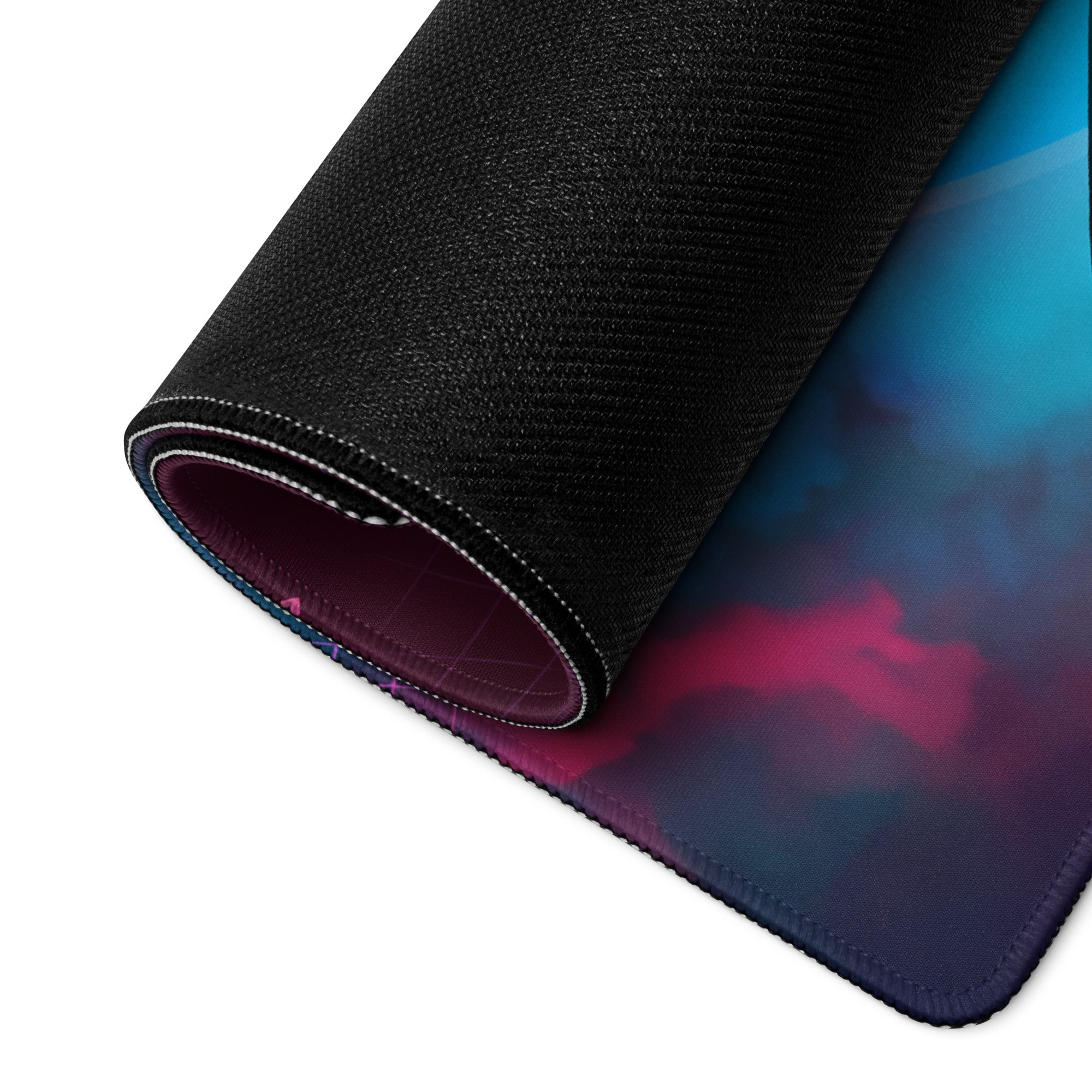 Rolled-up neon vaporwave samurai gaming mouse pad with vibrant cosmic blue purple pink digital art design