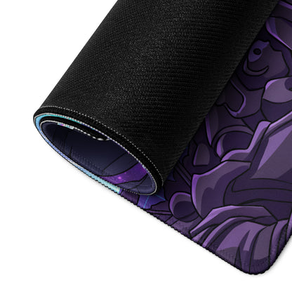 A rolled-up black gaming mousepad featuring a vibrant purple and blue neon grim reaper anime design with intricate shading