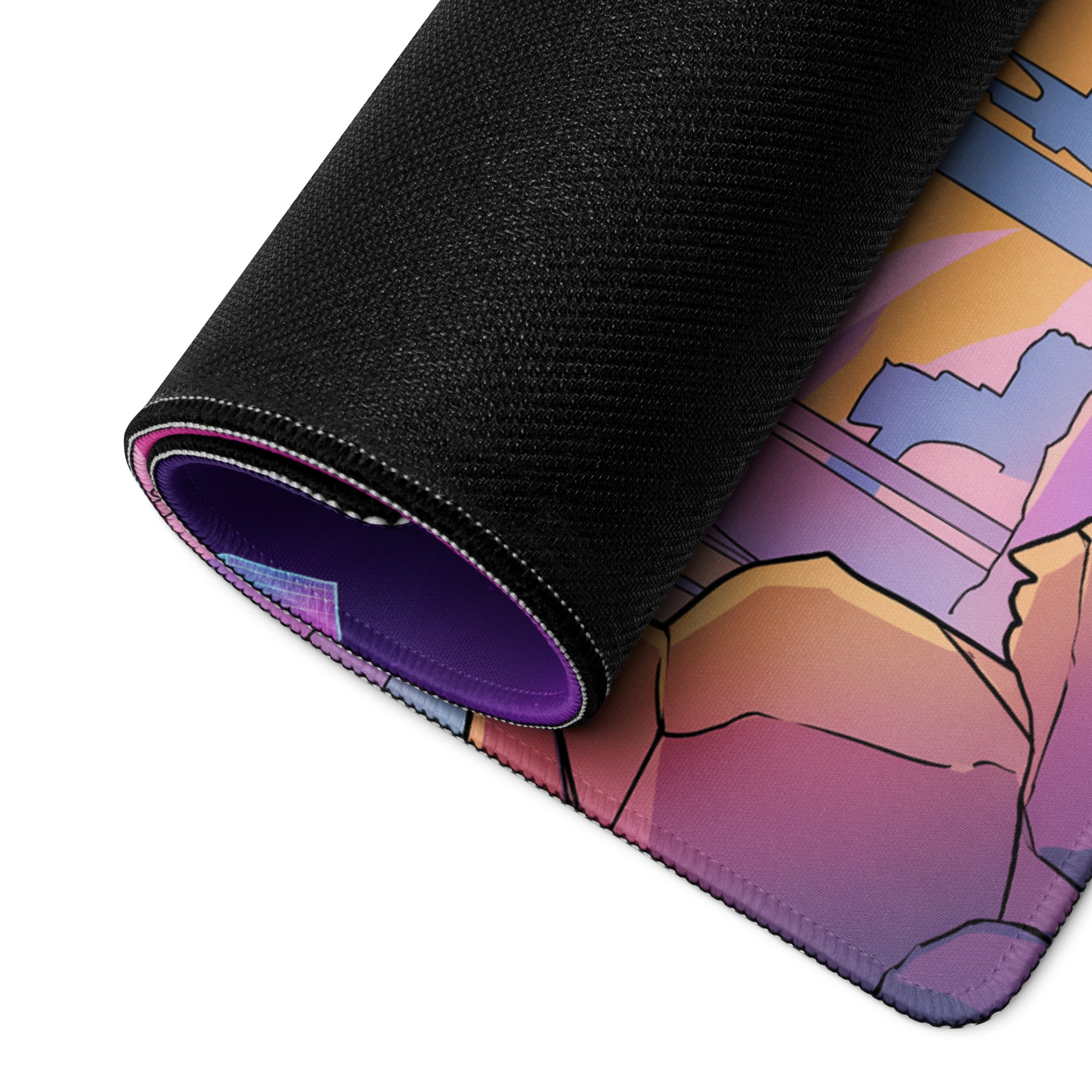 A rolled-up black neoprene mousepad with a vibrant neon vaporwave cityscape design in purple pink and orange shades