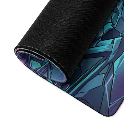Rolled-up neon wings vaporwave mouse pad with vibrant teal and purple geometric design and black fabric edges