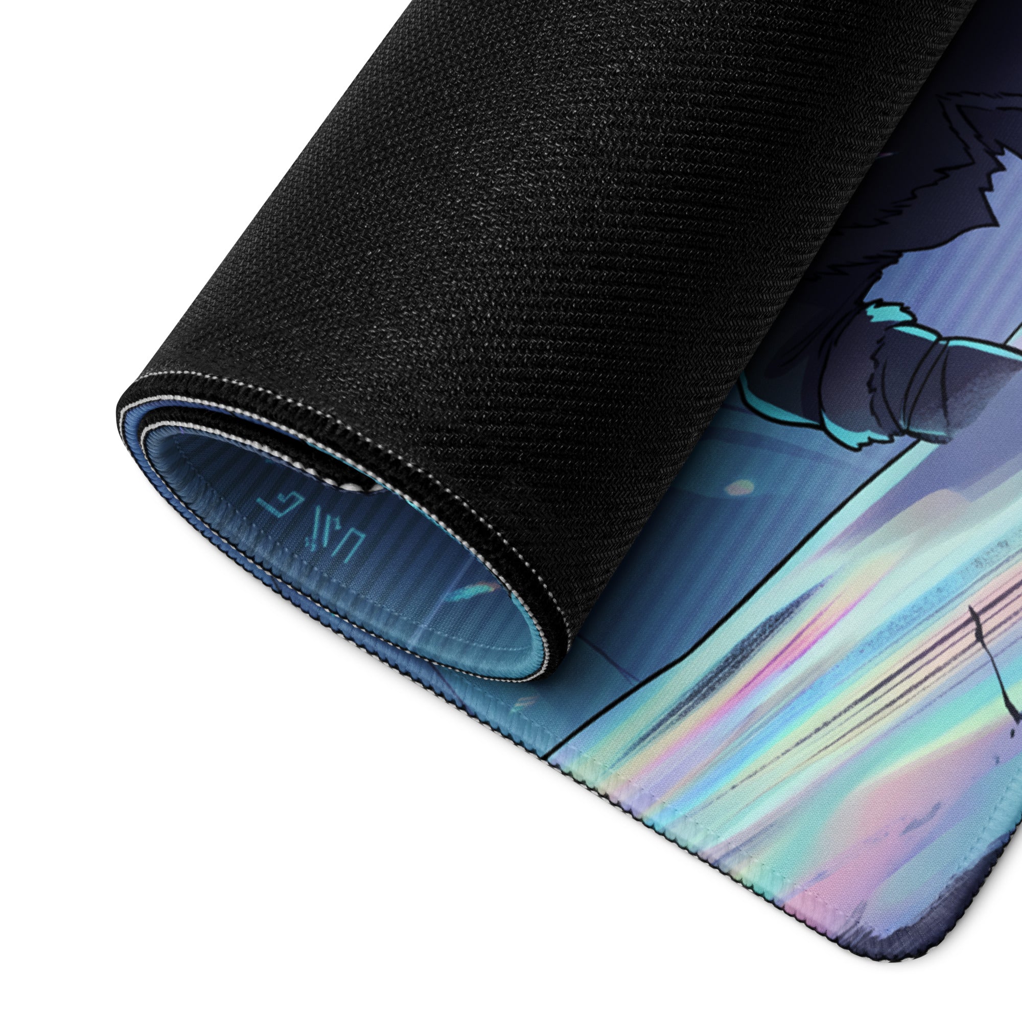 Black rolled-up vaporwave ice fortress gaming mousepad with vibrant anime design and iridescent rainbow stitched edges