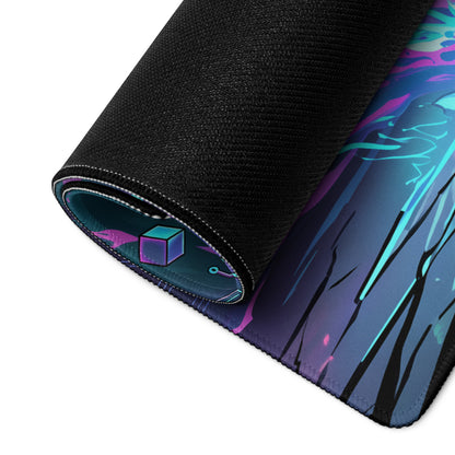 A rolled-up vaporwave neon night mouse pad with vibrant glowing blues and purples and dark tree silhouettes