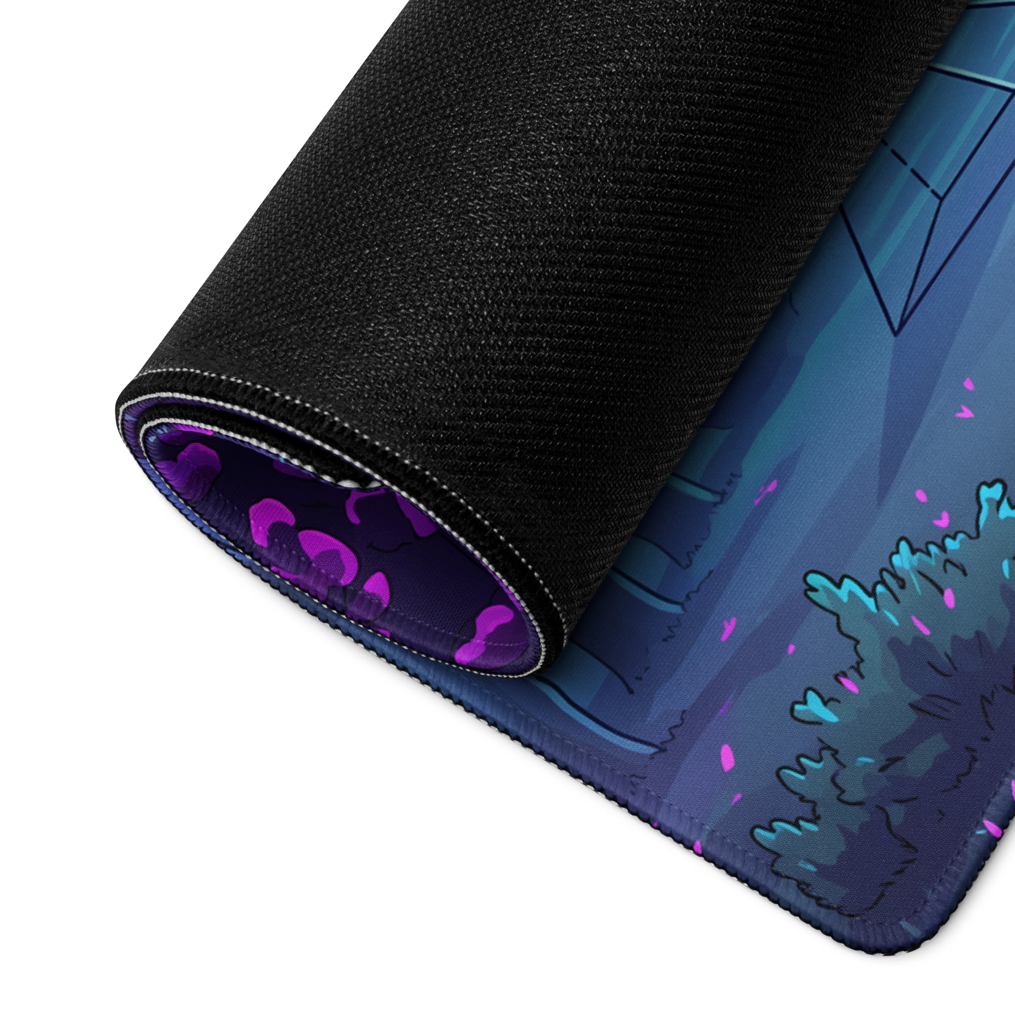 A rolled-up vaporwave neon garden gaming mouse pad with vibrant blue purple fantasy forest and glowing pink accents in black fabric