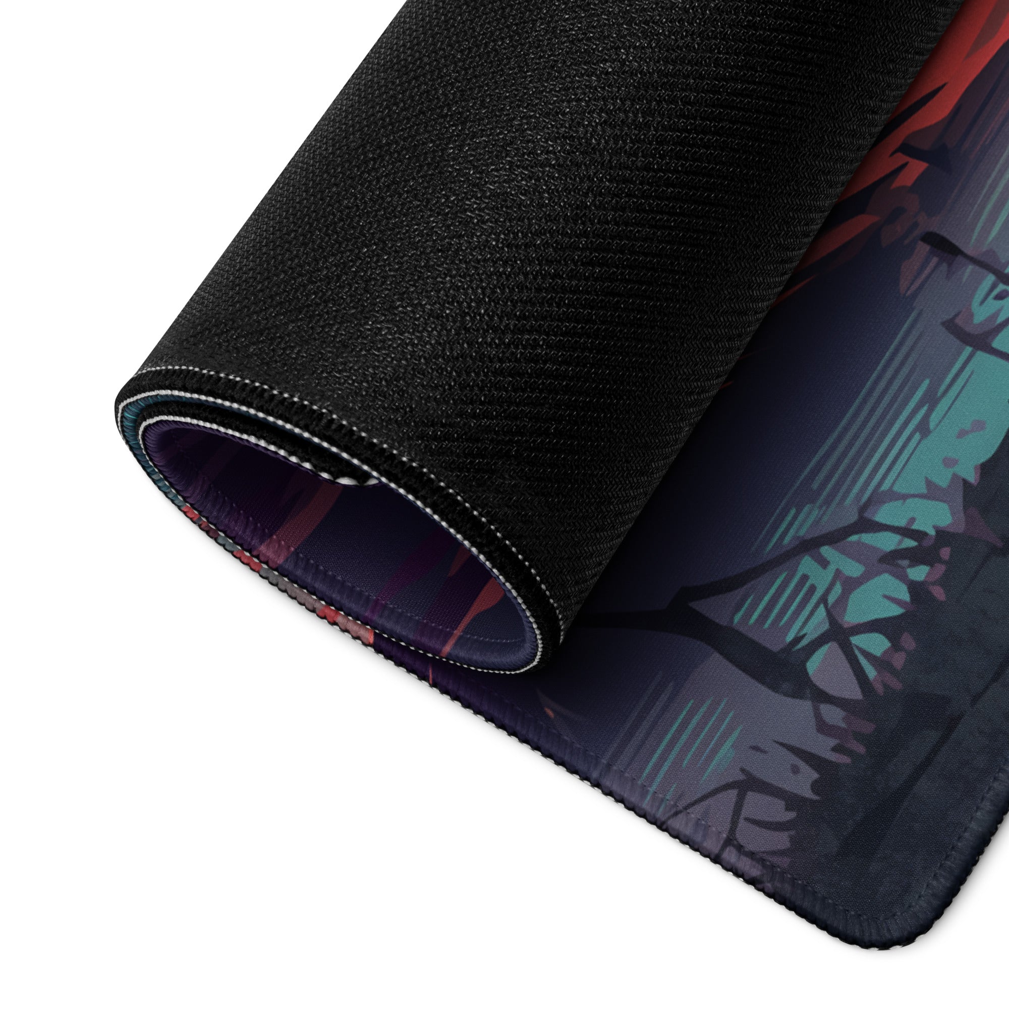 Black textured gaming mousepad with dark neon samurai vaporwave art featuring teal and red accents for desk use