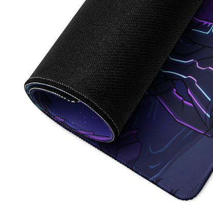 Rolled-up black gaming mousepad with vibrant anime-style glowing purple and blue neon lines vaporwave design