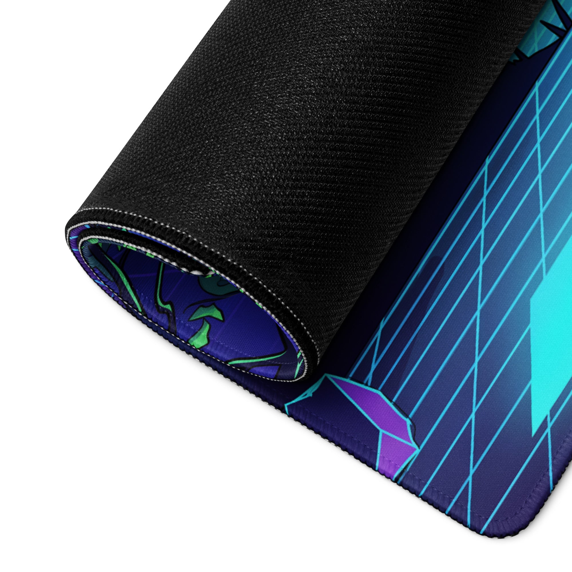 Rolled-up vaporwave neon warrior mouse pad with black textured outer layer and blue purple teal geometric inner design