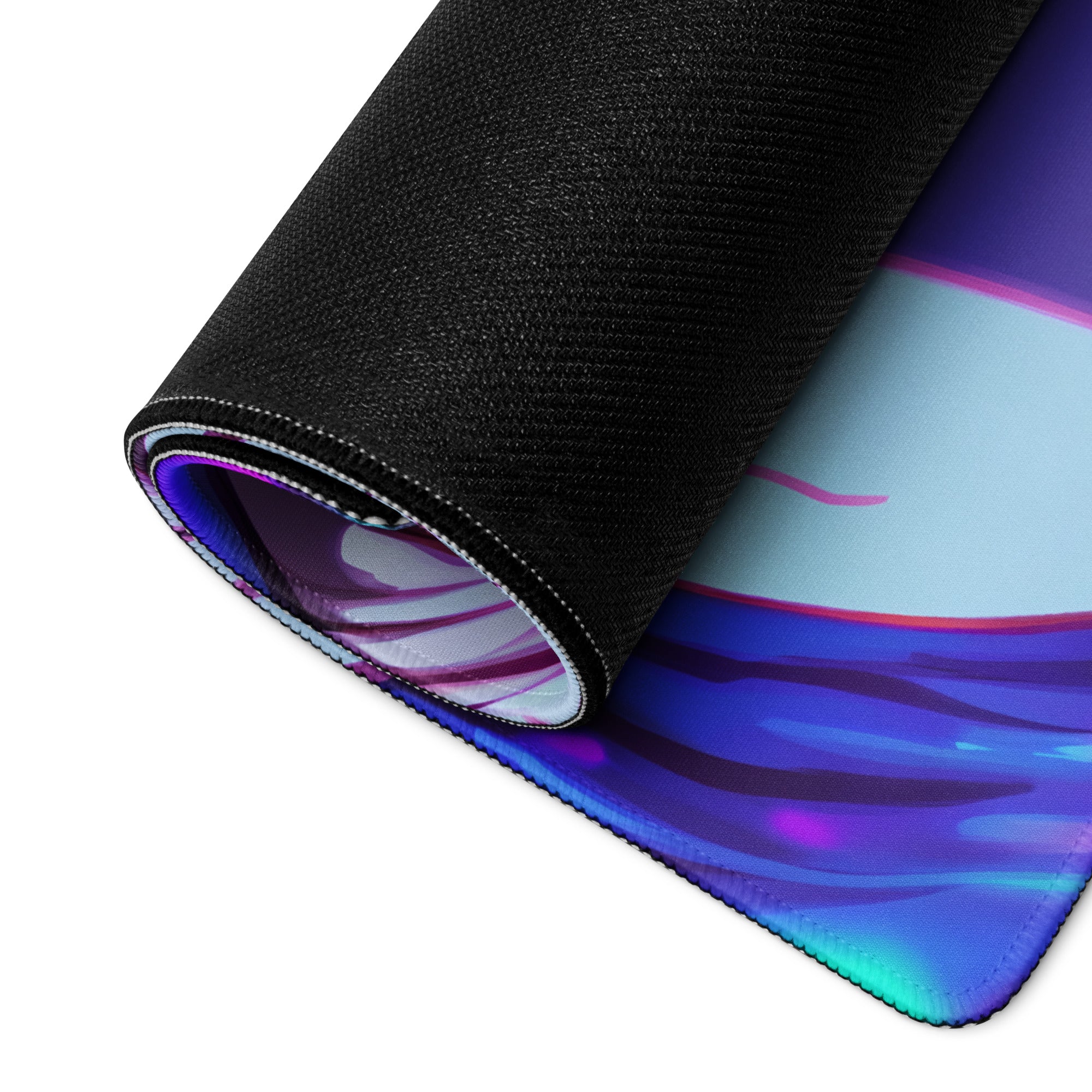 A rolled-up vaporwave neon anime mouse pad with vibrant iridescent purple and blue design for gaming desks