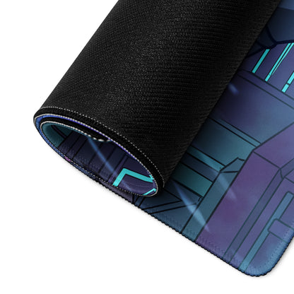 A rolled-up black gaming mousepad with a futuristic teal and purple geometric design for vaporwave neon city gamers