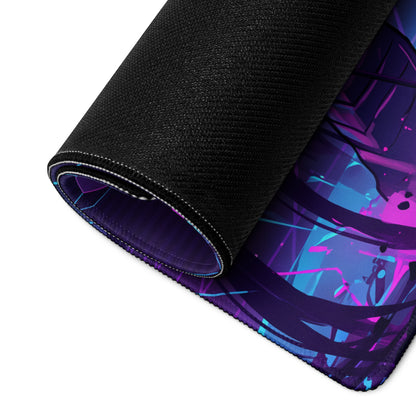 A rolled-up neon knight vaporwave mouse pad with vibrant purple and blue abstract design and black textured underside