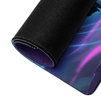 A rolled-up vaporwave neon gaming mouse pad with vibrant purple and blue glowing design for gaming desks