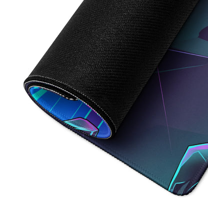 Rolled-up neon vaporwave mouse pad with black textured outer surface and vibrant blue purple teal geometric designs