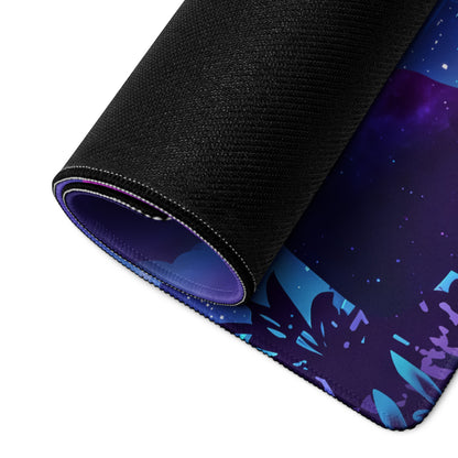 A rolled-up vaporwave night city gaming mouse pad with a vibrant cosmic design in pink purple and blue colors