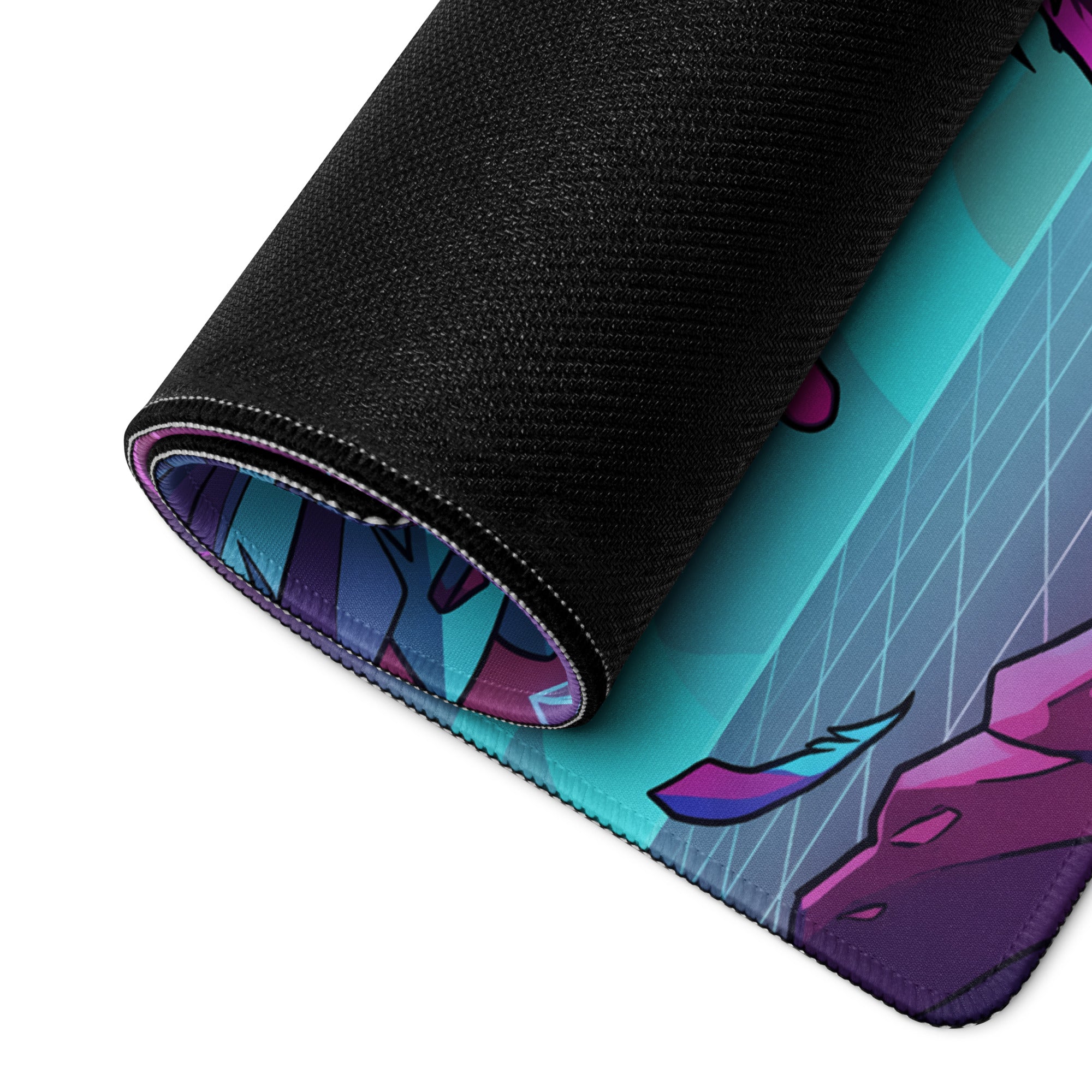 A rolled-up gaming mousepad with a vibrant purple and teal stylized dragon design for vaporwave retro futurism setups