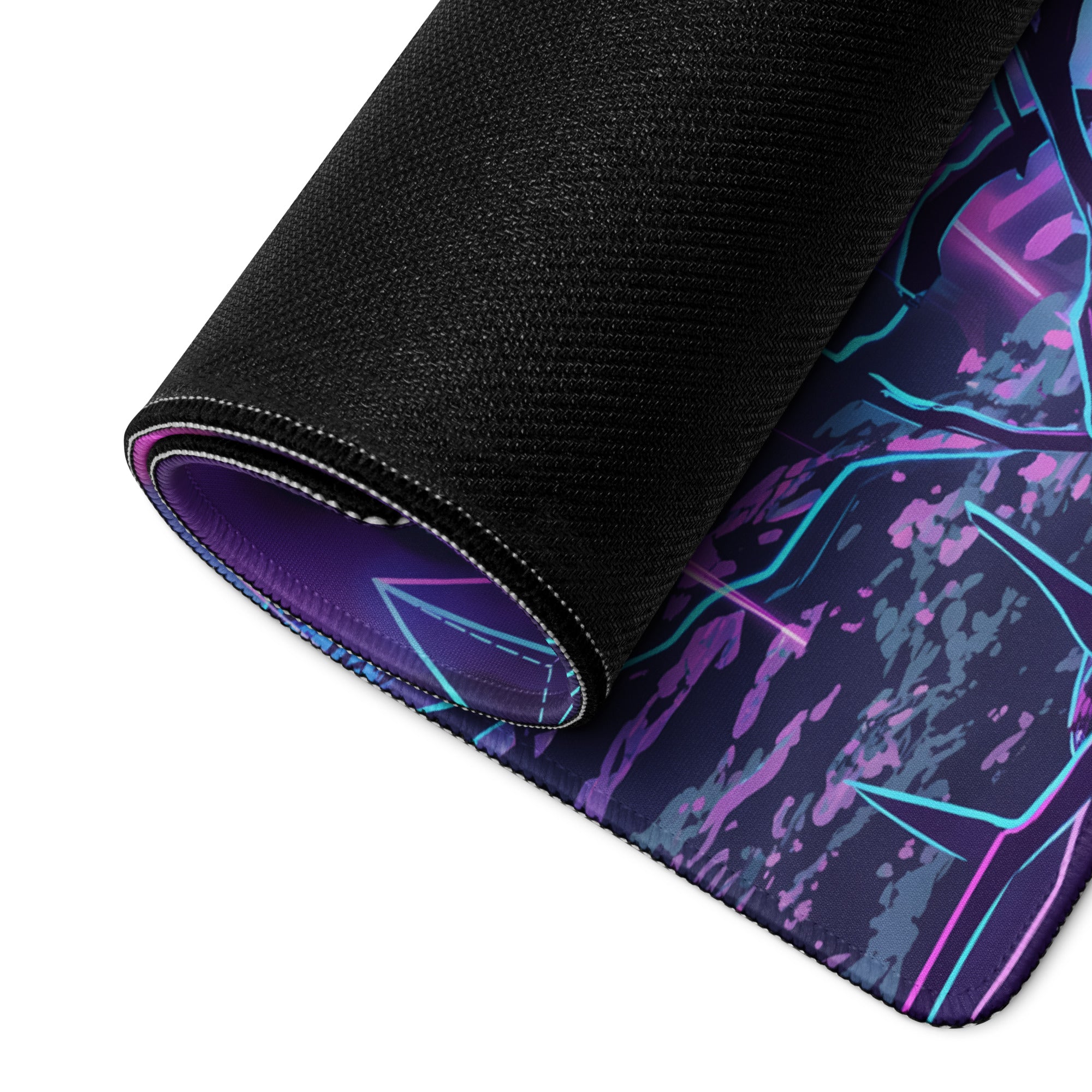 A rolled-up neon vaporwave matrix mouse pad with vibrant purple and blue abstract design and black fabric edges