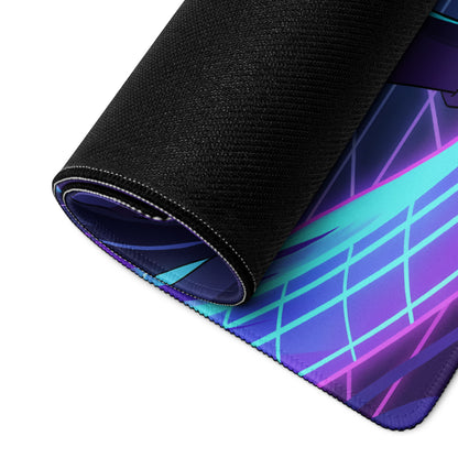 A rolled-up vaporwave neon hero mouse pad with a vibrant purple blue and teal geometric design for gaming desks