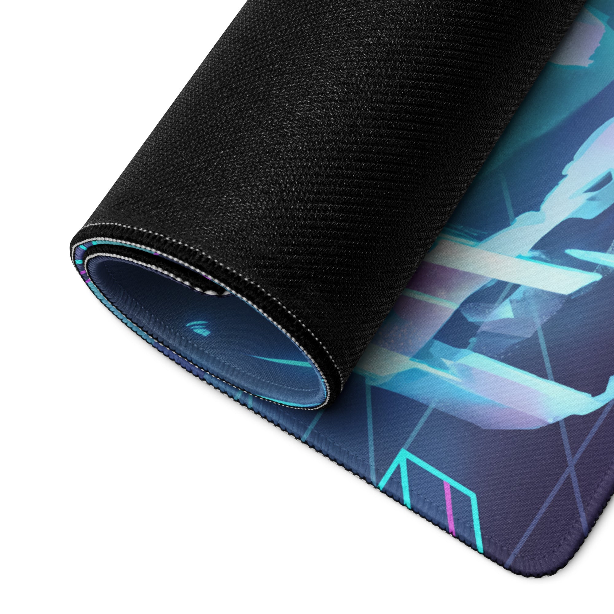 A rolled-up vaporwave neon city gaming mousepad with black textured surface and blue teal pink geometric designs