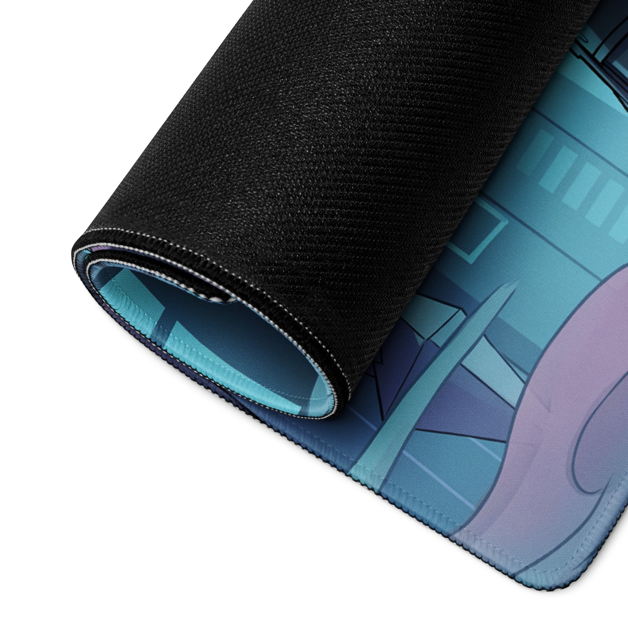 Black textured mousepad with rolled edge featuring blue and purple neon vaporwave cityscape design for desk use