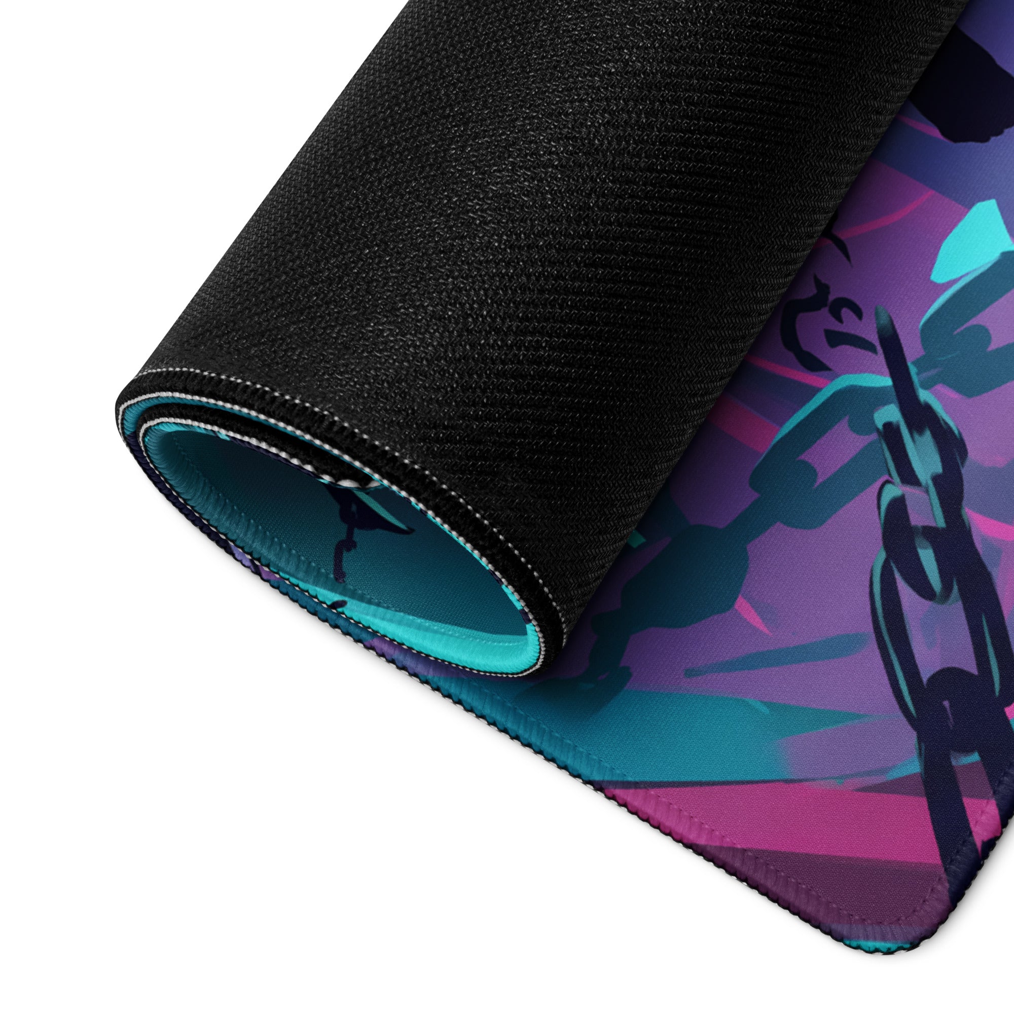 A rolled-up neon vaporwave gamer mouse pad with vibrant purple teal chains and turquoise lining for esports use