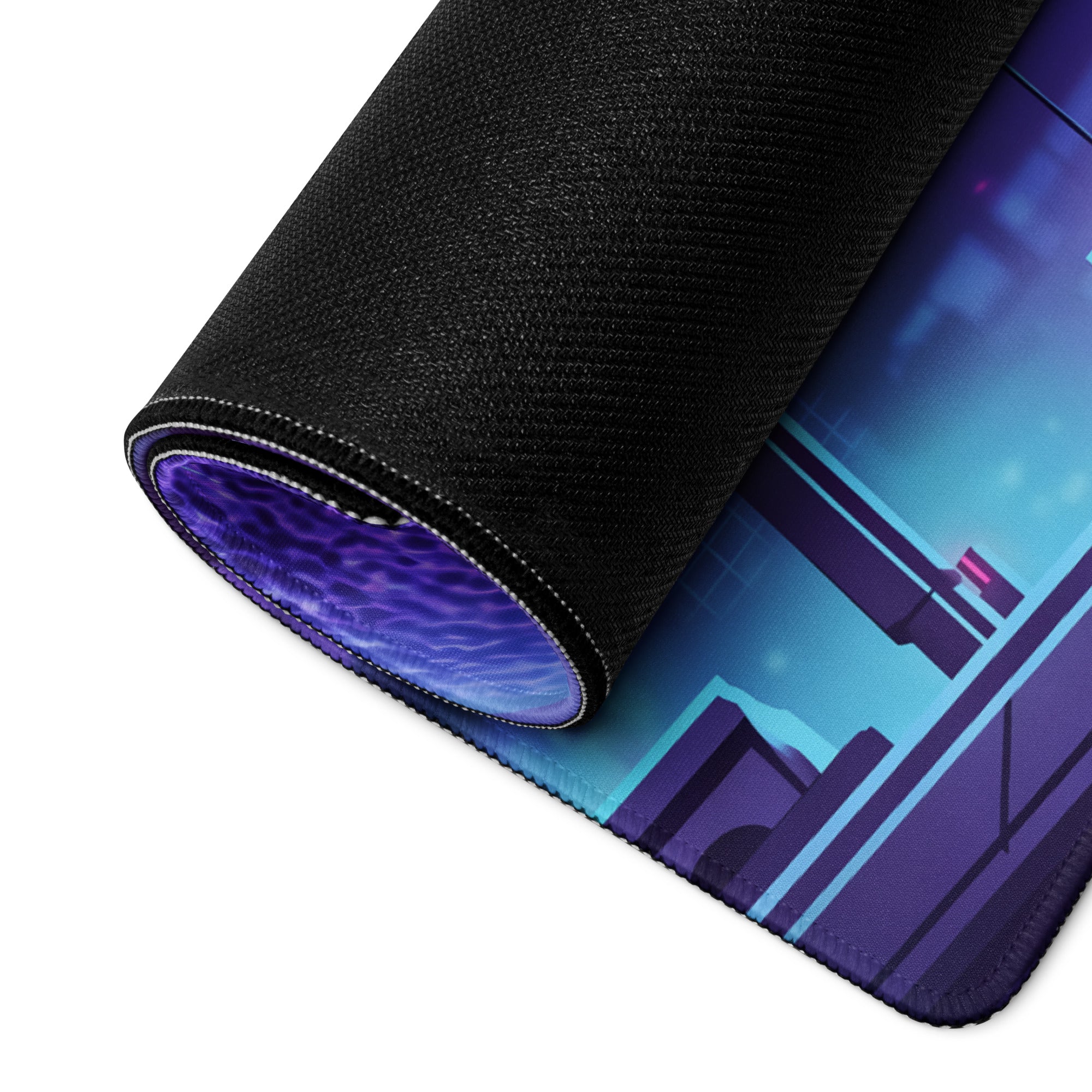 A rolled-up neon mirage vaporwave mouse pad with a black textured outer layer and a vibrant purple blue cityscape design