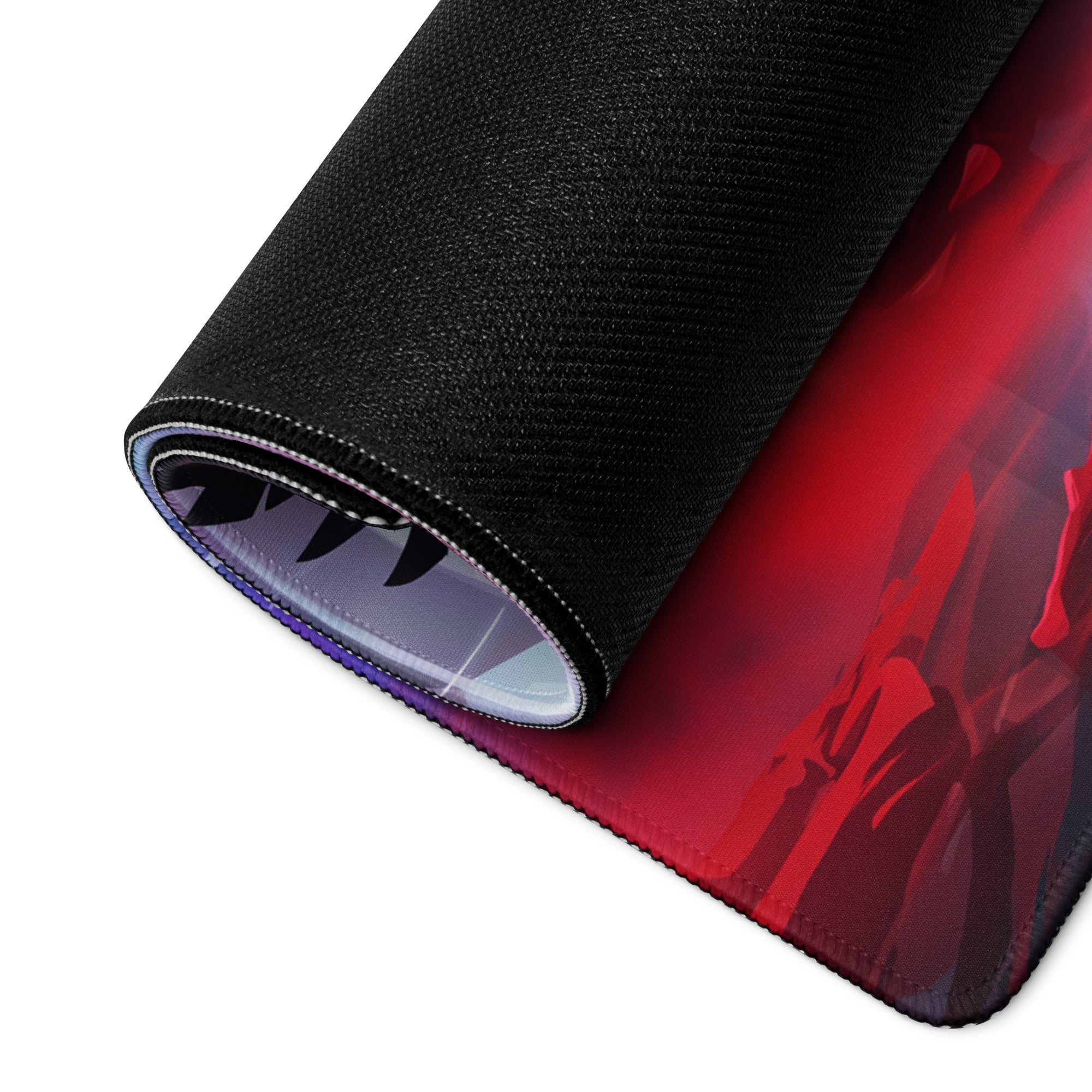 A rolled-up black neon vaporwave wings gaming mouse pad with vibrant red and purple anime-style design