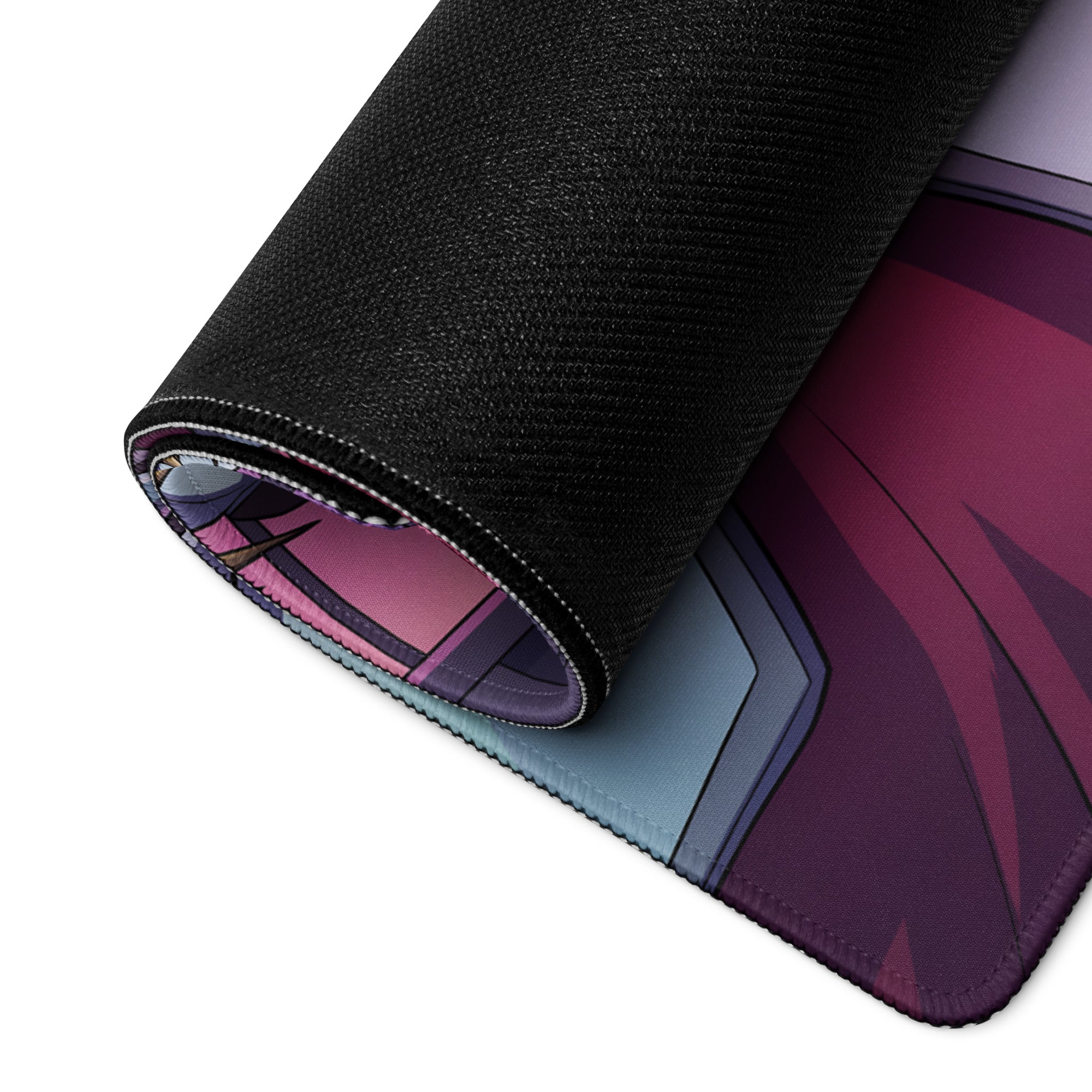 A rolled-up black mouse pad with a vibrant anime-style vaporwave neon dragon design in purple pink and blue hues