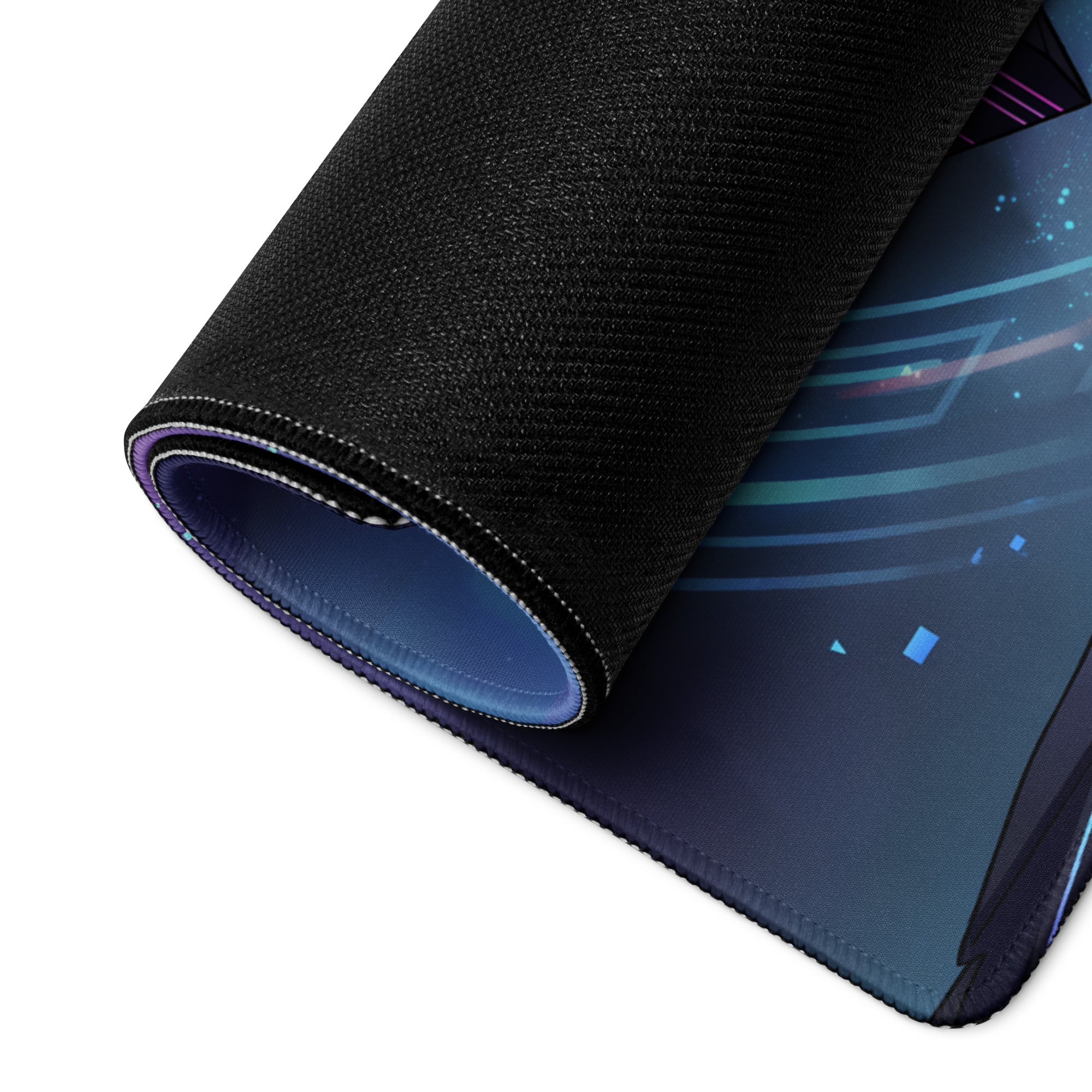 Black gaming mouse pad with futuristic blue and purple circuit design retro neon vaporwave desk accessory