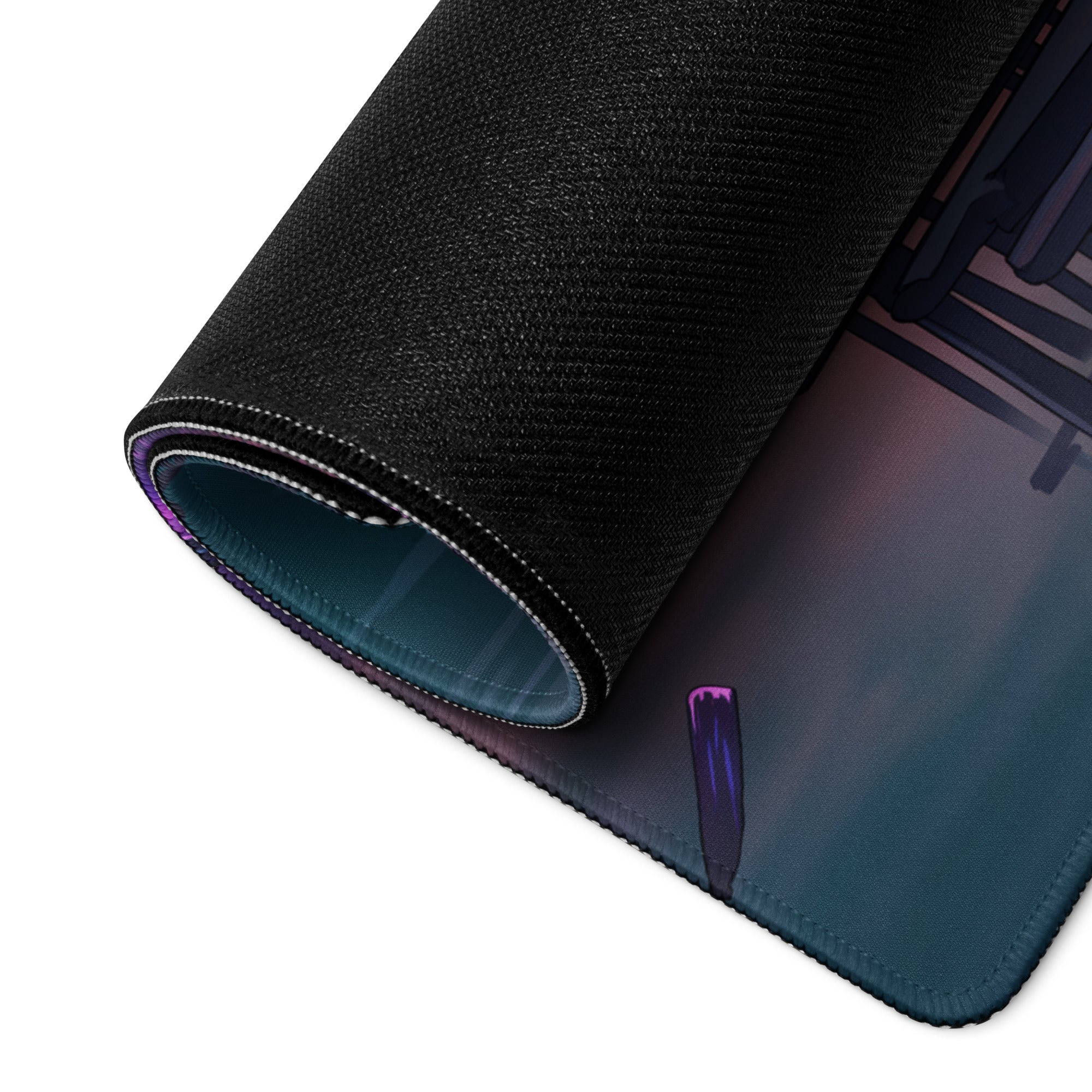 Black textured mousepad with a dark gradient design featuring purple and teal hues for vaporwave desk setup