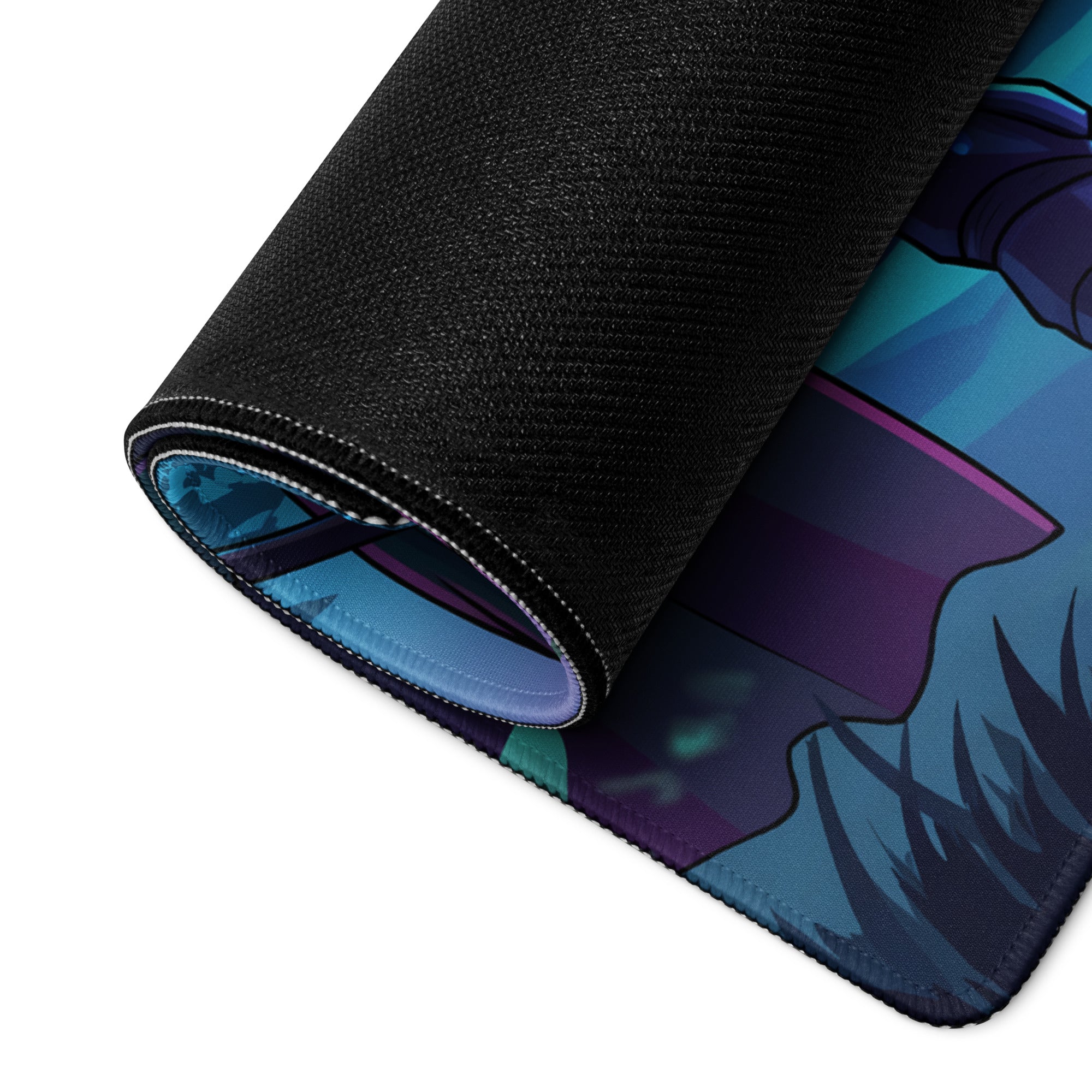 Rolled-up black gaming mousepad with vibrant neon vaporwave knight anime illustration in blue purple and teal hues