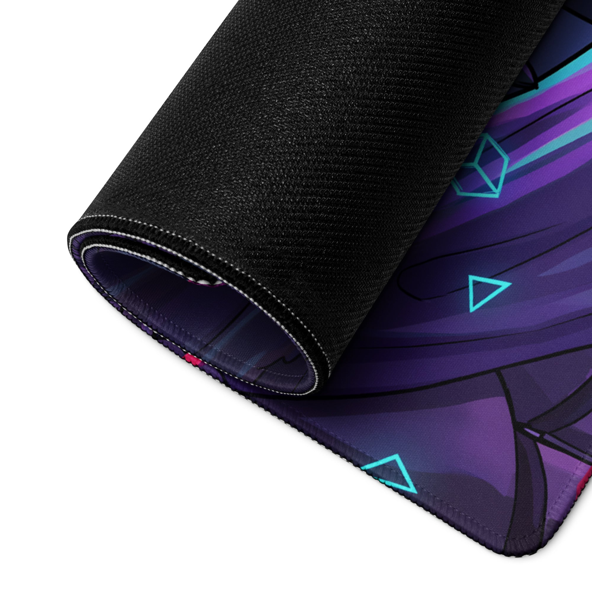 A rolled-up black gaming mousepad with vibrant purple and teal anime-style geometric vaporwave neon art design