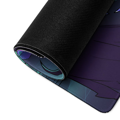 A rolled-up black gaming mouse pad with dark purple and teal anime design and stitched edges for neon vaporwave decor