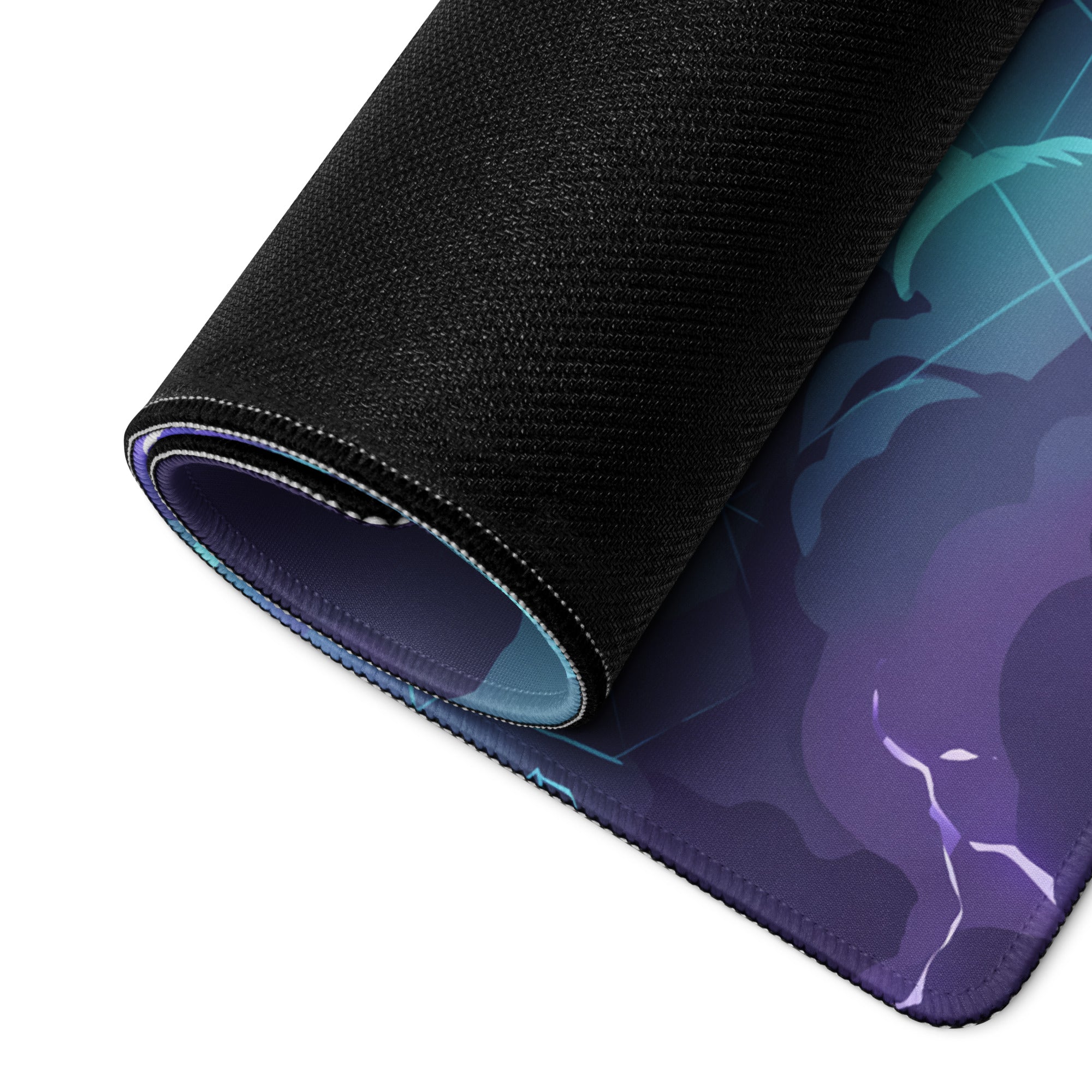A rolled-up vaporwave neon gaming mouse pad with a black textured surface and purple teal blue gradient artwork