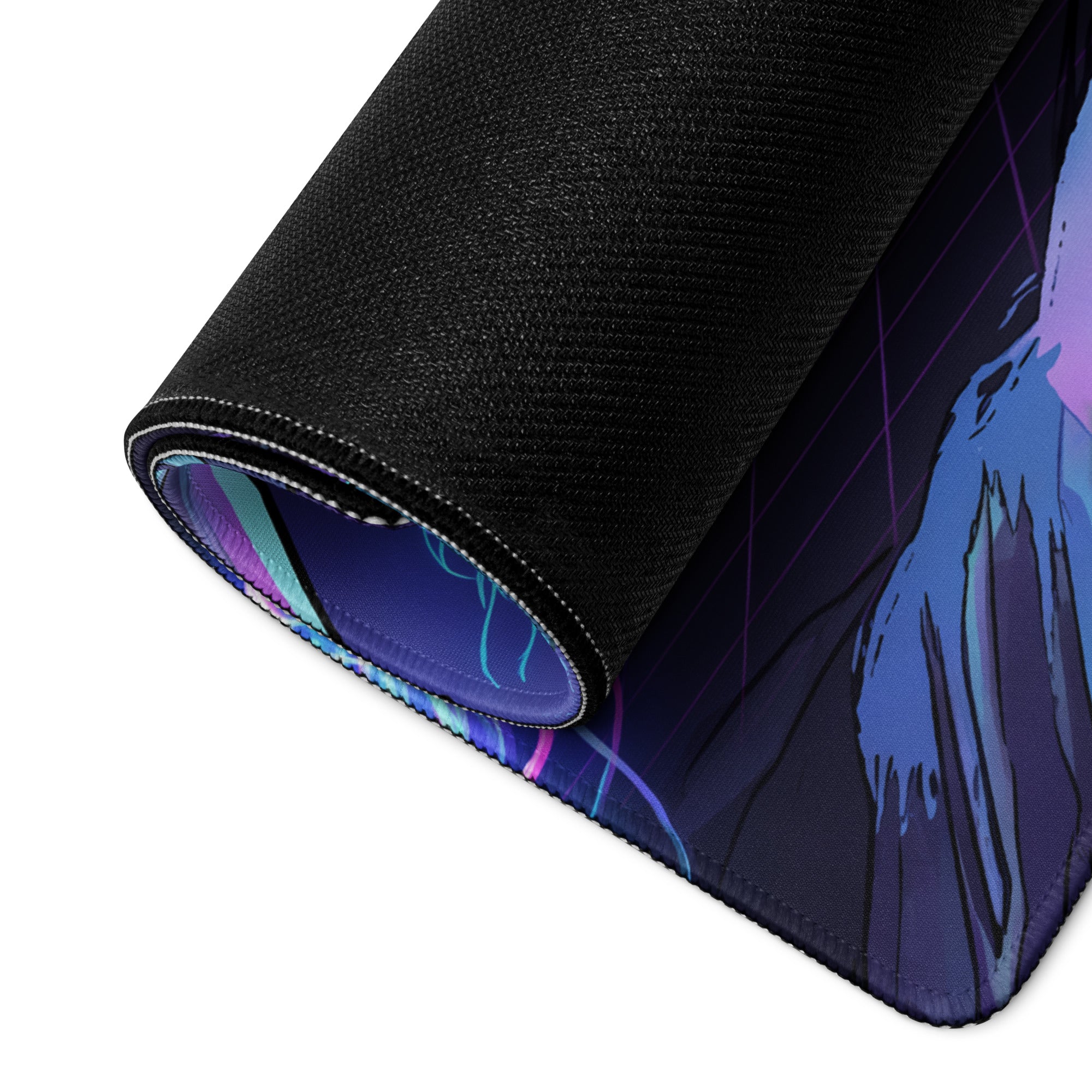 Rolled-up black gaming mousepad with vibrant anime-style illustration and neon pink teal vaporwave accents