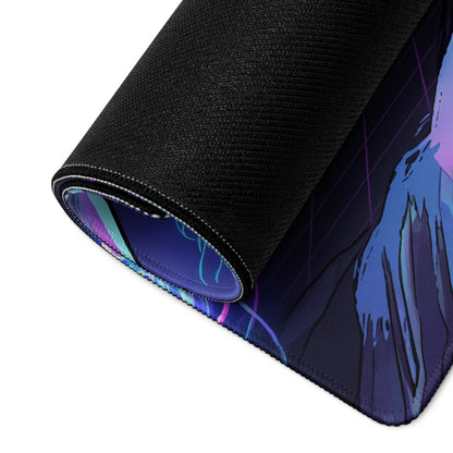 Rolled-up black gaming mousepad with vibrant anime-style illustration and neon pink teal vaporwave accents